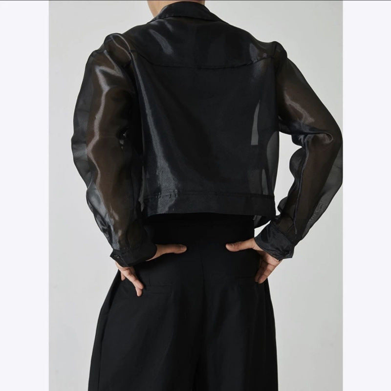 Lapel Mesh Hooded Long-sleeved Jacket