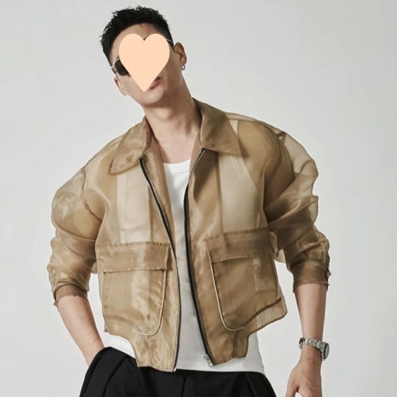 Lapel Mesh Hooded Long-sleeved Jacket