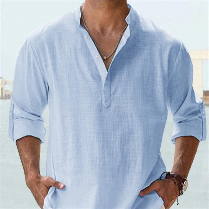 Camicia da uomo casual in cotone con risvolto largo e maniche lunghe, tinta unita