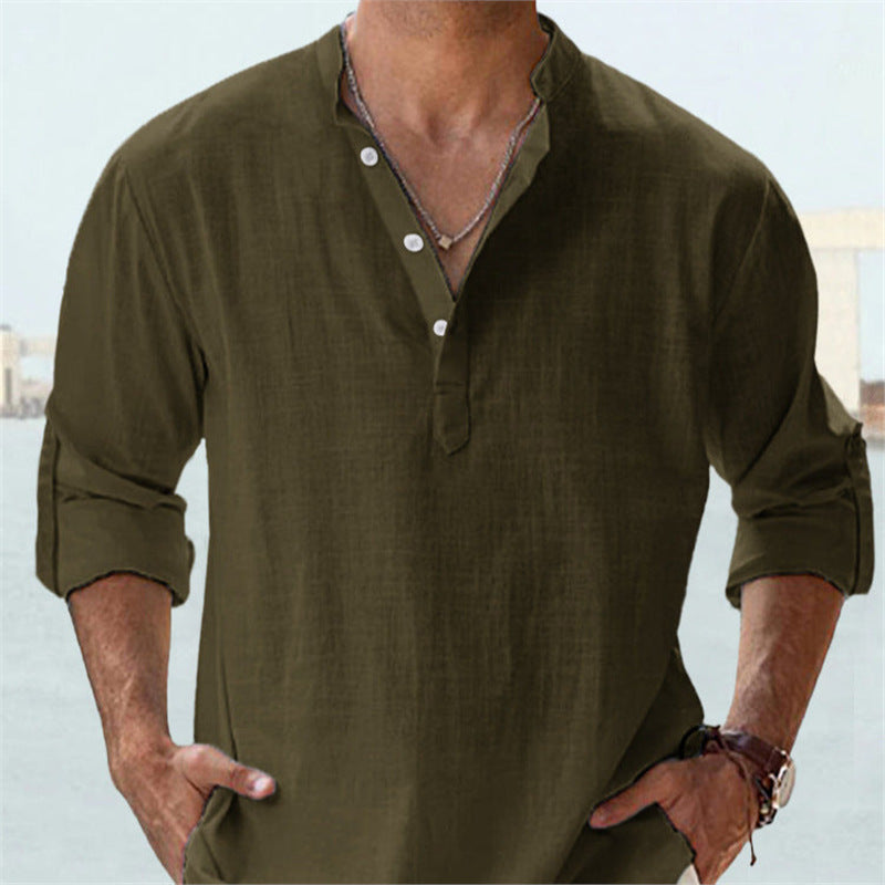 Casual Loose Lapel Cotton Long Sleeve Solid Color Men's Shirt