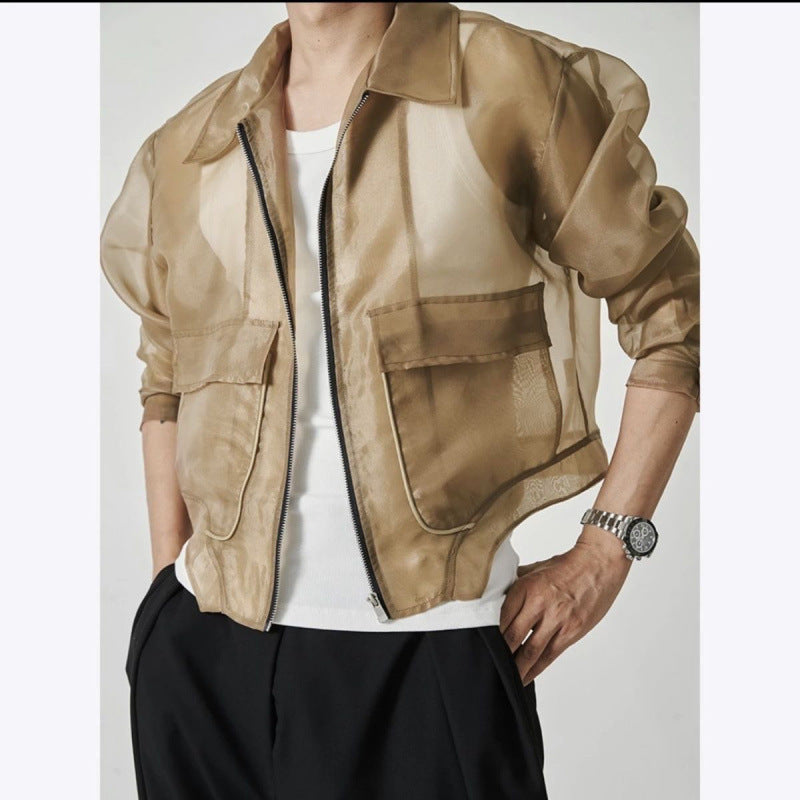 Lapel Mesh Hooded Long-sleeved Jacket
