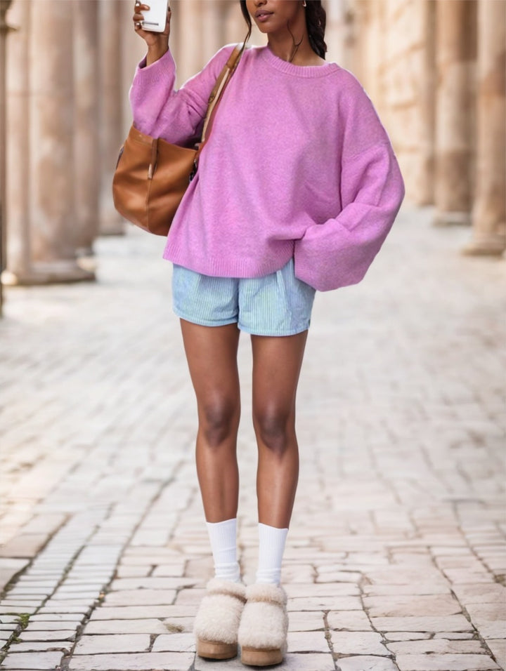 Maglione da donna ha lavorato a maglia, nuovo, romantico, rosa, con scollo rotondo e maniche lunghe, per primavera e autunno inverno