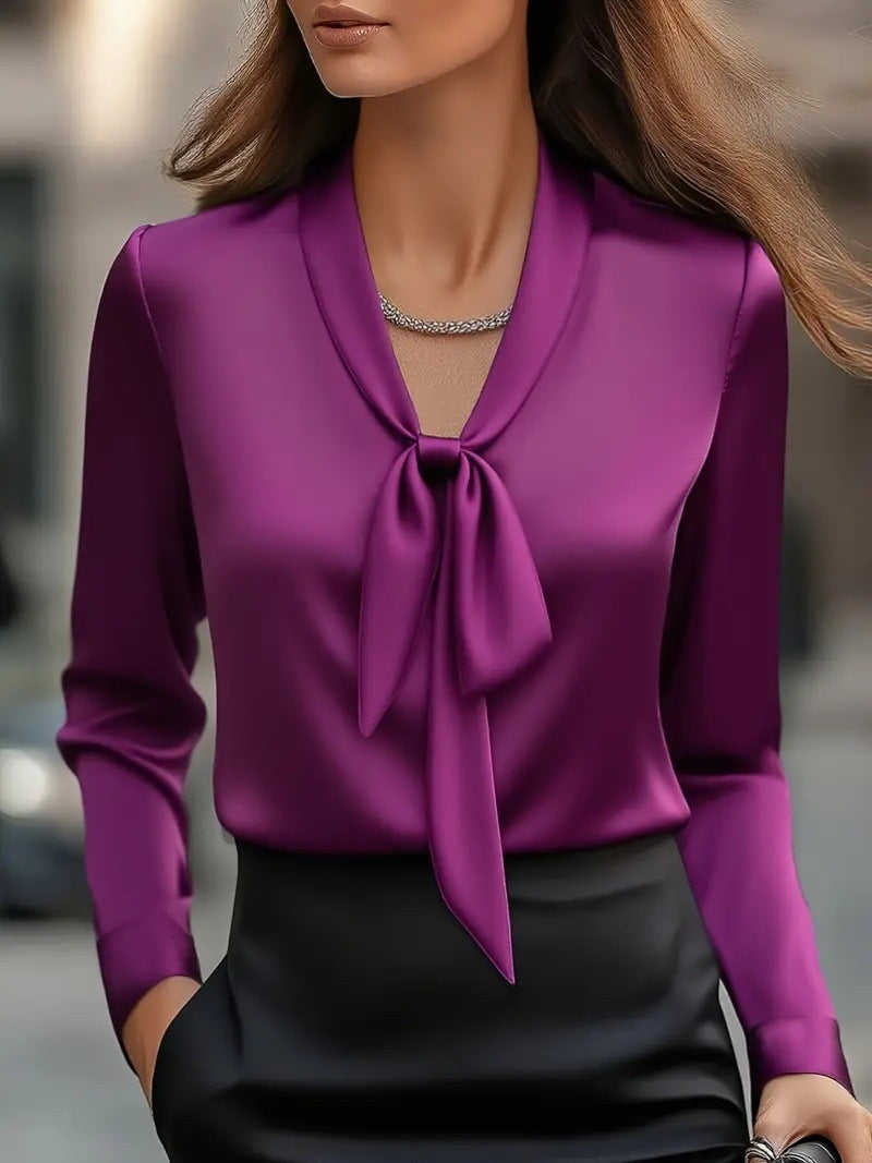 Camicia a maniche lunghe in raso con cravatta, elegante e alla moda, tinta unita