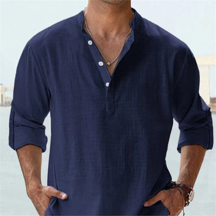 Camicia da uomo casual in cotone con risvolto largo e maniche lunghe, tinta unita