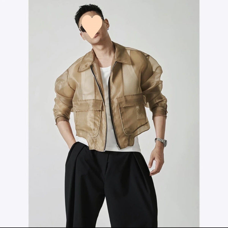 Lapel Mesh Hooded Long-sleeved Jacket