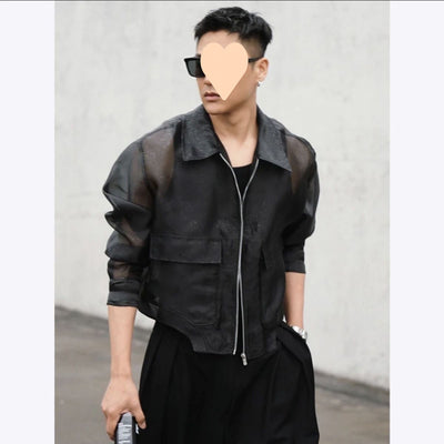 Lapel Mesh Hooded Long-sleeved Jacket