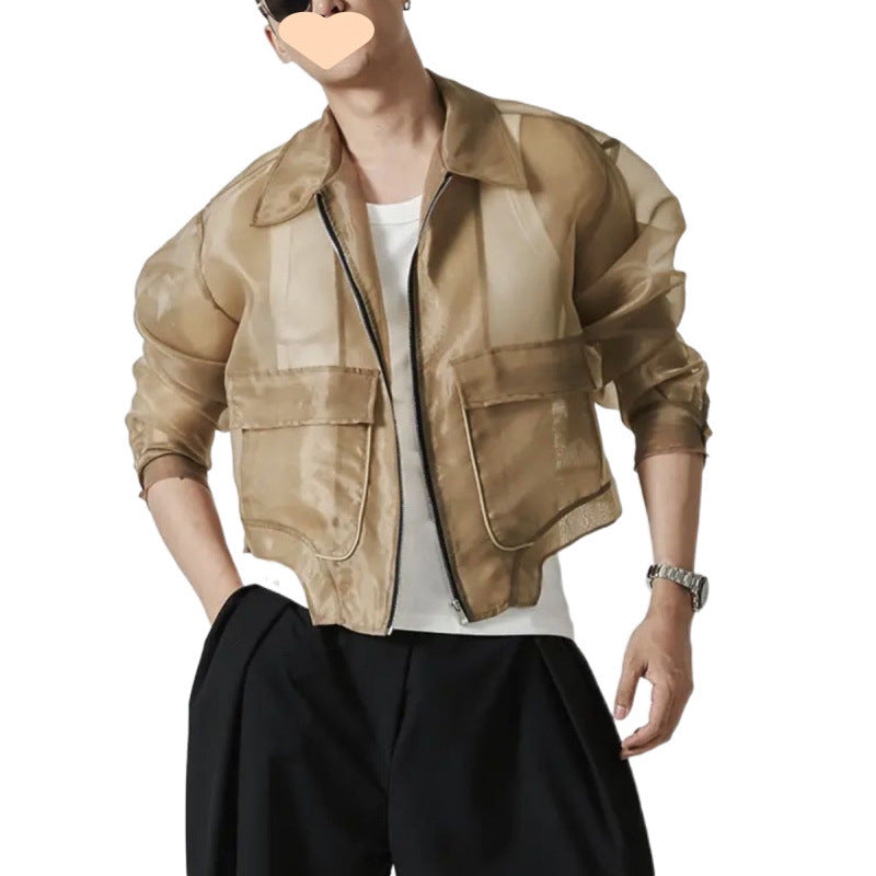 Lapel Mesh Hooded Long-sleeved Jacket