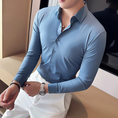 Business Casual Korean-style Slim-fit High-elastic Knitted Men's Long-sleeved Shirt