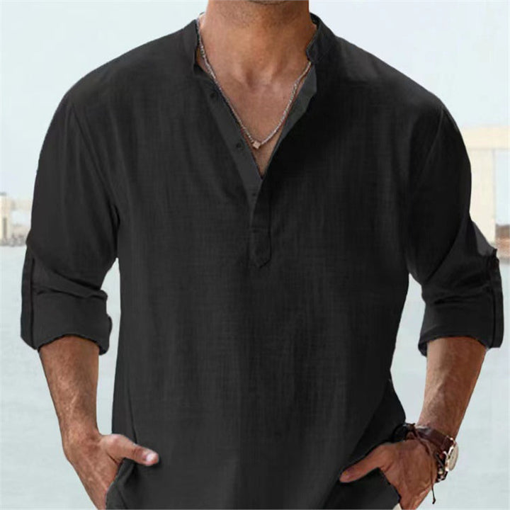 Camicia da uomo casual in cotone con risvolto largo e maniche lunghe, tinta unita