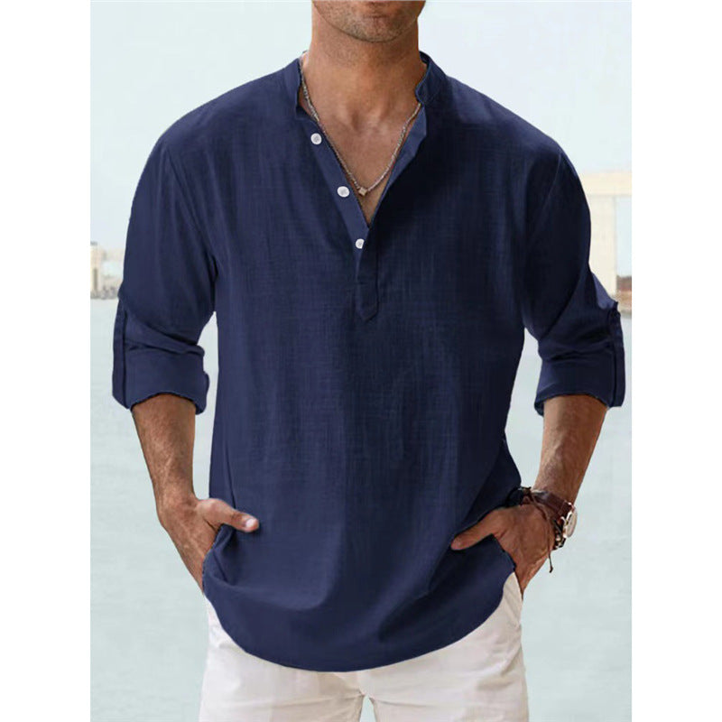 Camicia da uomo casual in cotone con risvolto largo e maniche lunghe, tinta unita