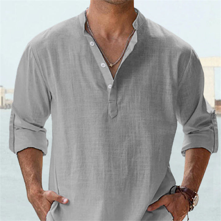 Camicia da uomo casual in cotone con risvolto largo e maniche lunghe, tinta unita