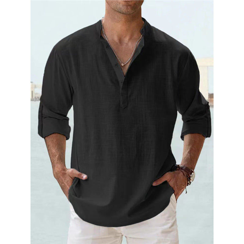 Casual Loose Lapel Cotton Long Sleeve Solid Color Men's Shirt