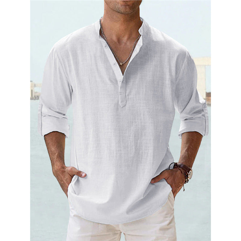 Camicia da uomo casual in cotone con risvolto largo e maniche lunghe, tinta unita