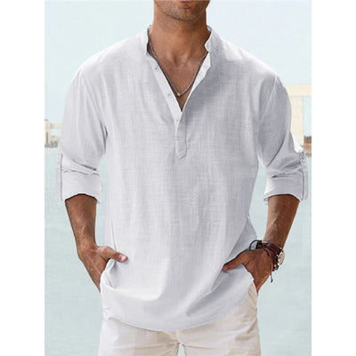 Casual Loose Lapel Cotton Long Sleeve Solid Color Men's Shirt